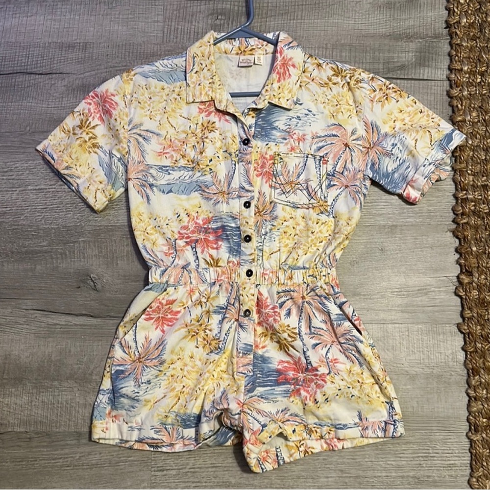 Billabong Floral Palm Print Short Romper in Yellow, Blue & Pink